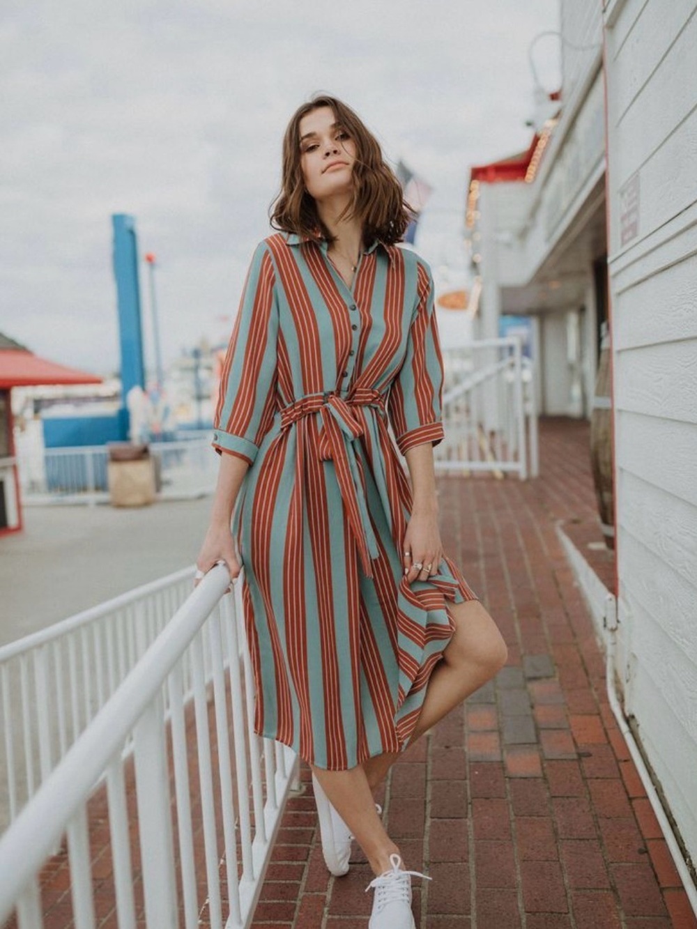 Polagram Woman’s Striped Tie-Waist Shirt Dress in Teal and Rust, Size L, NWOT
